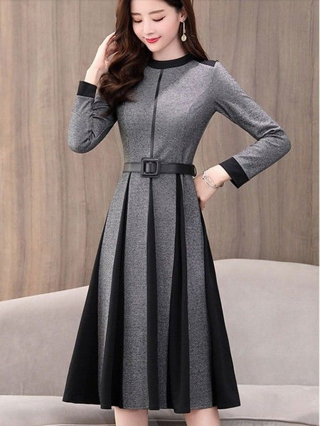 OL Elegant Long Sleeve Crew Neck A-line Color Block Winter Casual Wool Dress