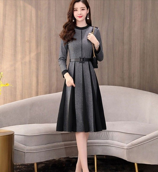 OL Elegant Long Sleeve Crew Neck A-line Color Block Winter Casual Wool Dress