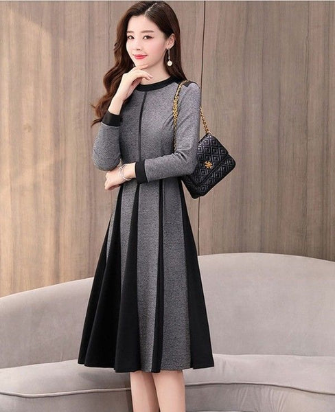OL Elegant Long Sleeve Crew Neck A-line Color Block Winter Casual Wool Dress