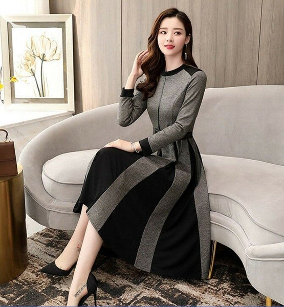 OL Elegant Long Sleeve Crew Neck A-line Color Block Winter Casual Wool Dress