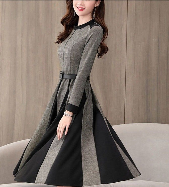 OL Elegant Long Sleeve Crew Neck A-line Color Block Winter Casual Wool Dress