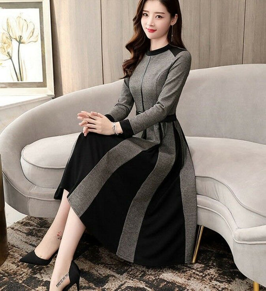 OL Elegant Long Sleeve Crew Neck A-line Color Block Winter Casual Wool Dress