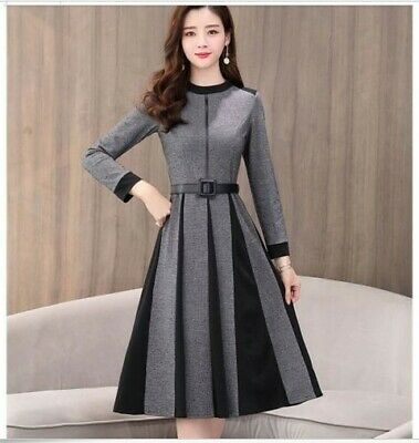 OL Elegant Long Sleeve Crew Neck A-line Color Block Winter Casual Wool Dress