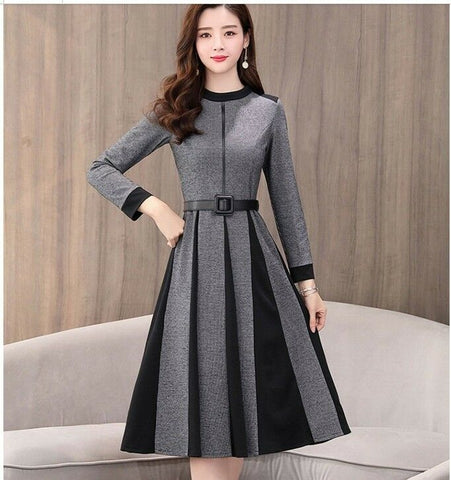 OL Elegant Long Sleeve Crew Neck A-line Color Block Winter Casual Wool Dress