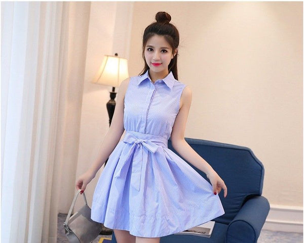 Elegant Sleeveless Korean Fashion Summer Casual Sweet A-line Shirt Dress