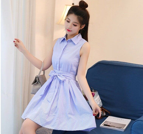 Elegant Sleeveless Korean Fashion Summer Casual Sweet A-line Shirt Dress