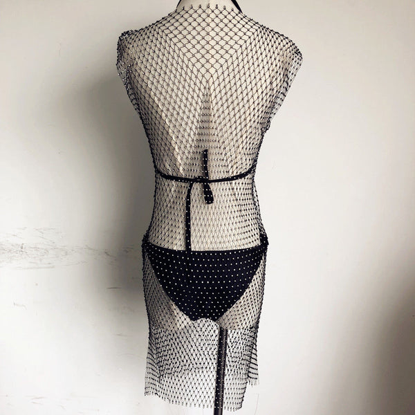 Bling Blink Wink Fish Net Rhinestone Knit Mini Maxi Dress Bikini Swimwear Cover