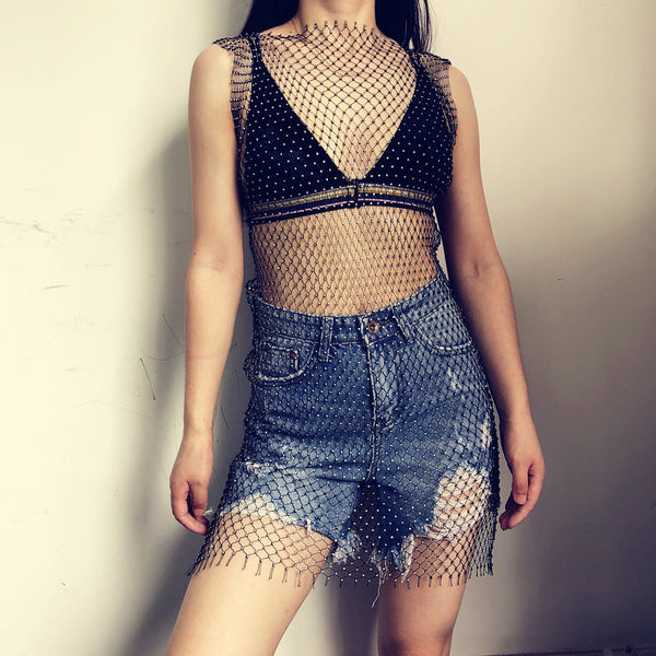 Bling Blink Wink Fish Net Rhinestone Knit Mini Maxi Dress Bikini Swimwear Cover