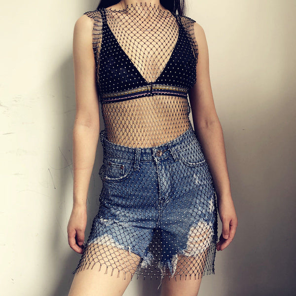 Bling Blink Wink Fish Net Rhinestone Knit Mini Maxi Dress Bikini Swimwear Cover