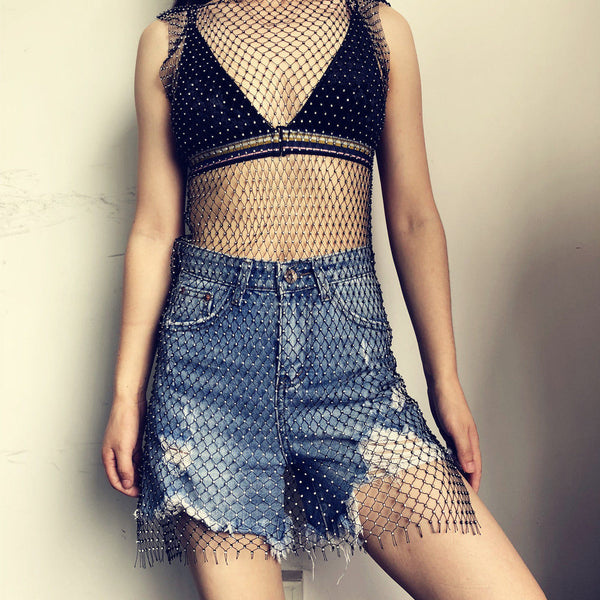 Bling Blink Wink Fish Net Rhinestone Knit Mini Maxi Dress Bikini Swimwear Cover