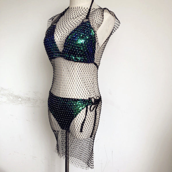 Bling Blink Wink Fish Net Rhinestone Knit Mini Maxi Dress Bikini Swimwear Cover