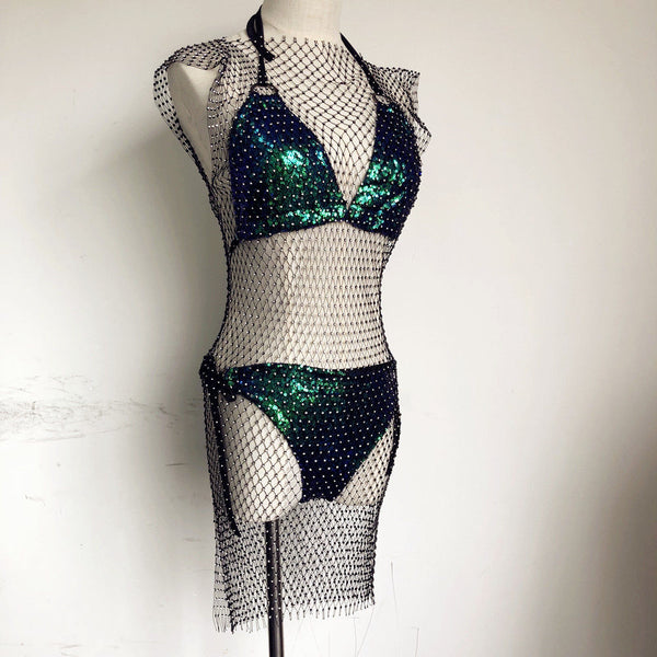 Bling Blink Wink Fish Net Rhinestone Knit Mini Maxi Dress Bikini Swimwear Cover