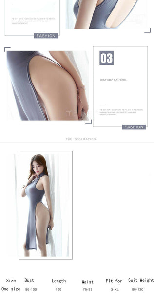 Beauty Trendy High Side Split Lingerie Sheer Cheongsam Long Halter Backless Dress