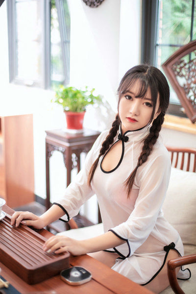 Sexy Cheongsam Dresses Sheer See Through Transparent High Split Retro Lingerie