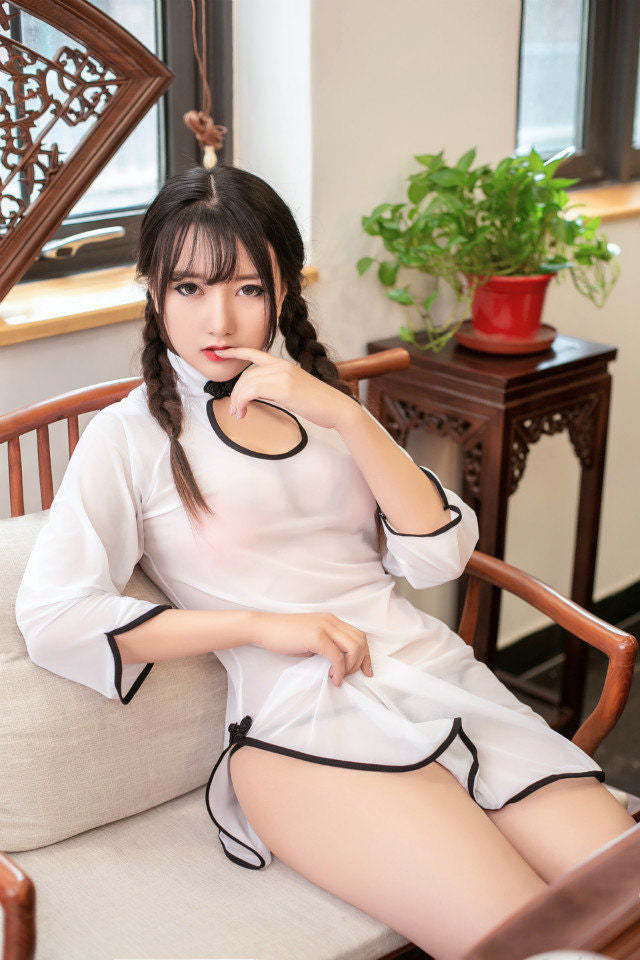 Sexy Cheongsam Dresses Sheer See Through Transparent High Split Retro Lingerie