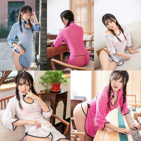 Sexy Cheongsam Dresses Sheer See Through Transparent High Split Retro Lingerie