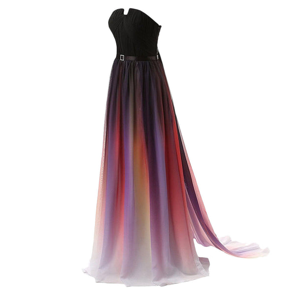Beauty Strapless Pleated Gradient Color Colorful Ombre Chiffon Prom Gown Dress