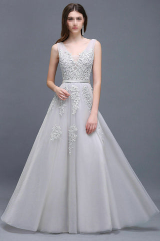 Silver Long Evening Prom Dress Formal Party Ball Gown Bridesmaid Tulle Applique