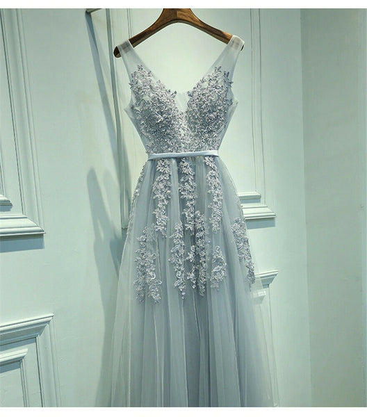 Silver Long Evening Prom Dress Formal Party Ball Gown Bridesmaid Tulle Applique