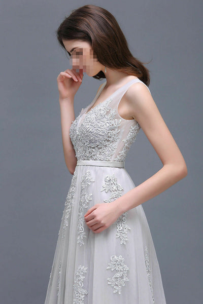 Silver Long Evening Prom Dress Formal Party Ball Gown Bridesmaid Tulle Applique