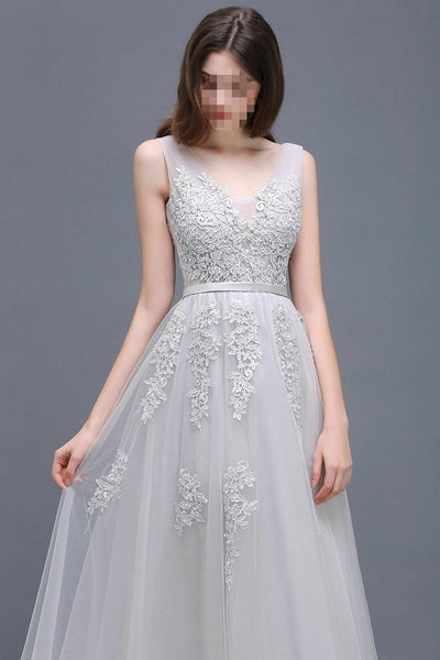 Silver Long Evening Prom Dress Formal Party Ball Gown Bridesmaid Tulle Applique