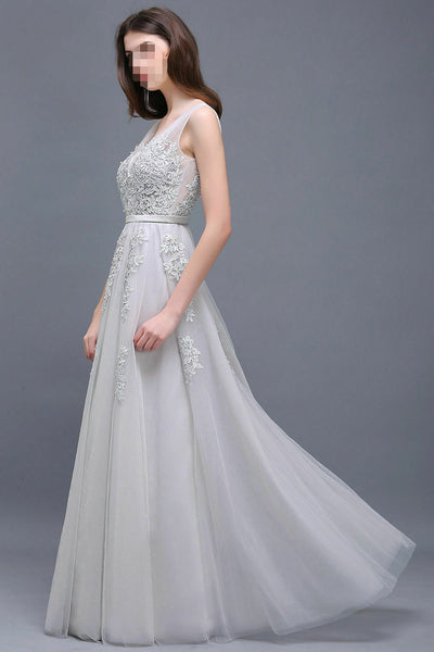 Silver Long Evening Prom Dress Formal Party Ball Gown Bridesmaid Tulle Applique