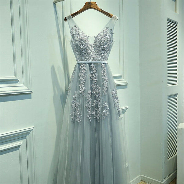 Silver Long Evening Prom Dress Formal Party Ball Gown Bridesmaid Tulle Applique