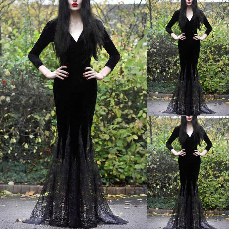 Sexy Women Long Sleeve Lace Maxi Dress Witch Witches Cosplay Gothic Halloween Costume
