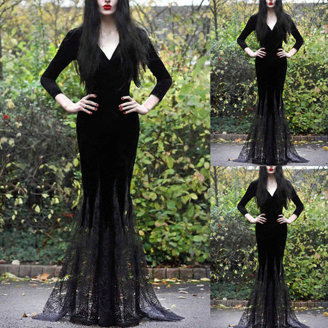 Sexy Women Long Sleeve Lace Maxi Dress Witch Witches Cosplay Gothic Halloween Costume