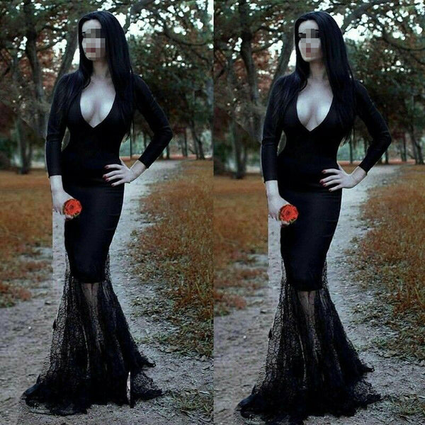 Sexy Women Long Sleeve Lace Maxi Dress Witch Witches Cosplay Gothic Halloween Costume