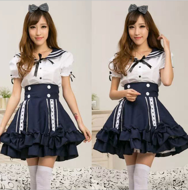 Cute Lovely Lolita School Girls Lady Sailor Suit Dress Navy Style Tops Skirt Casual Cosplay