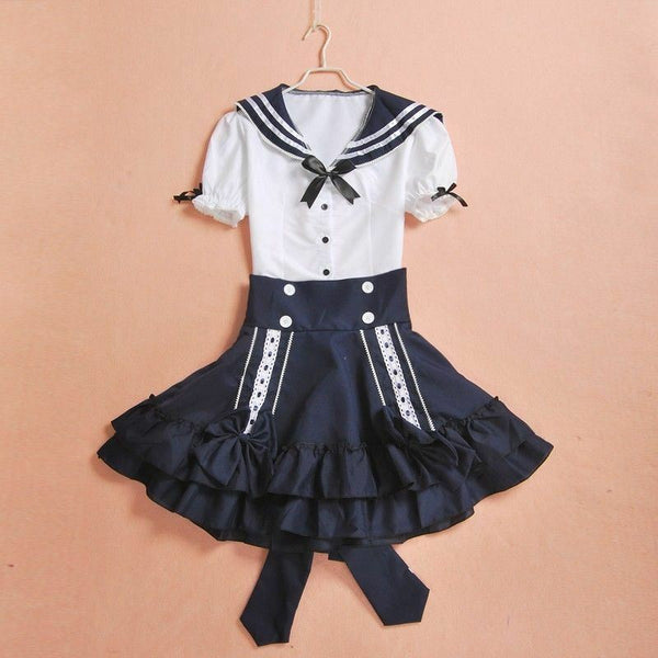 Cute Lovely Lolita School Girls Lady Sailor Suit Dress Navy Style Tops Skirt Casual Cosplay