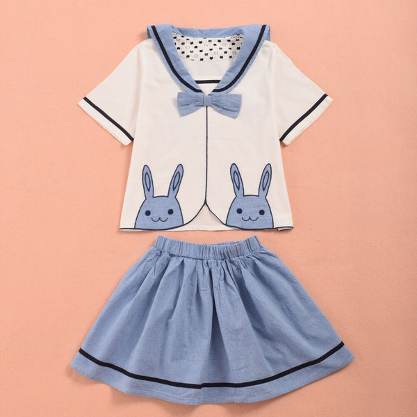 Fashion Loose Summer Preppy Blue Dress Lolita Girl Animal Logo Embroidery Top Skirt Suit
