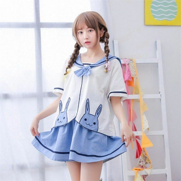 Fashion Loose Summer Preppy Blue Dress Lolita Girl Animal Logo Embroidery Top Skirt Suit