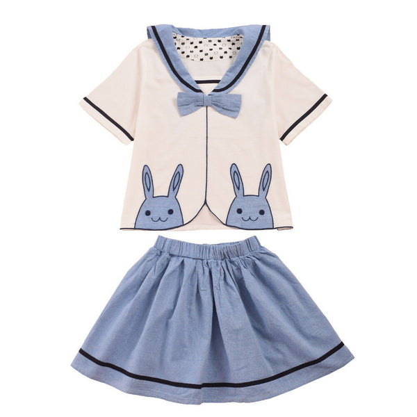 Fashion Loose Summer Preppy Blue Dress Lolita Girl Animal Logo Embroidery Top Skirt Suit