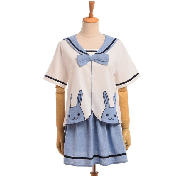 Fashion Loose Summer Preppy Blue Dress Lolita Girl Animal Logo Embroidery Top Skirt Suit