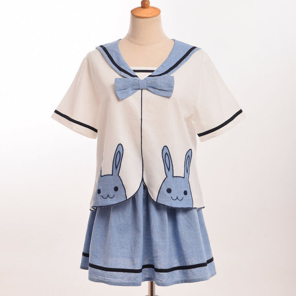 Fashion Loose Summer Preppy Blue Dress Lolita Girl Animal Logo Embroidery Top Skirt Suit