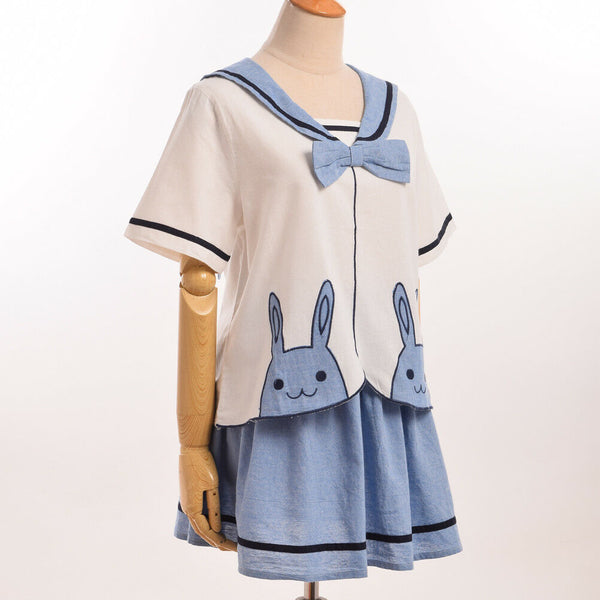 Fashion Loose Summer Preppy Blue Dress Lolita Girl Animal Logo Embroidery Top Skirt Suit