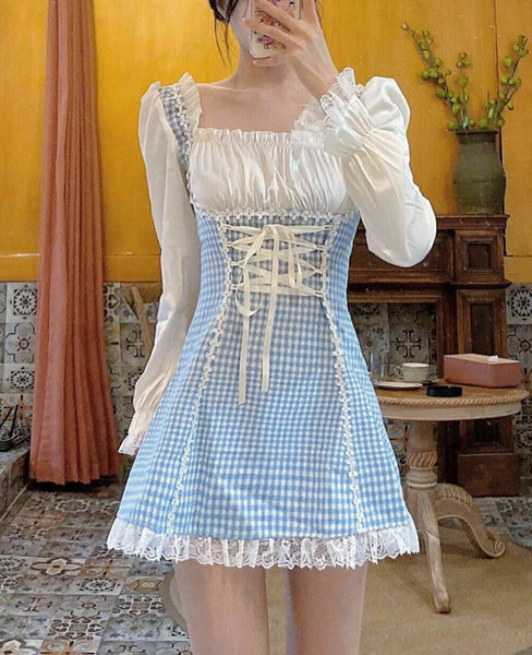 Women Lovely Nice Blue Square logo Dresses Robes Casual Kawaii Fairy Strap Mini Maid Dress