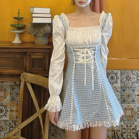 Women Lovely Nice Blue Square logo Dresses Robes Casual Kawaii Fairy Strap Mini Maid Dress