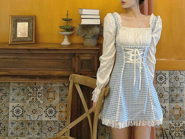 Women Lovely Nice Blue Square logo Dresses Robes Casual Kawaii Fairy Strap Mini Maid Dress