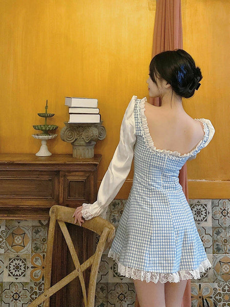 Women Lovely Nice Blue Square logo Dresses Robes Casual Kawaii Fairy Strap Mini Maid Dress