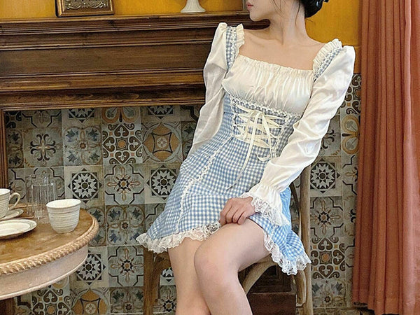 Women Lovely Nice Blue Square logo Dresses Robes Casual Kawaii Fairy Strap Mini Maid Dress