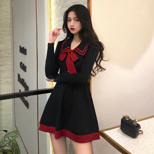 Attractive Beautiful Women Girls Lolita Bowknot Knitted Dress Jumper Basic Dress Sailor Dresses