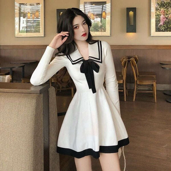 Attractive Beautiful Women Girls Lolita Bowknot Knitted Dress Jumper Basic Dress Sailor Dresses