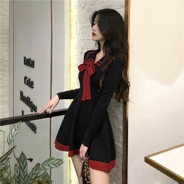 Attractive Beautiful Women Girls Lolita Bowknot Knitted Dress Jumper Basic Dress Sailor Dresses