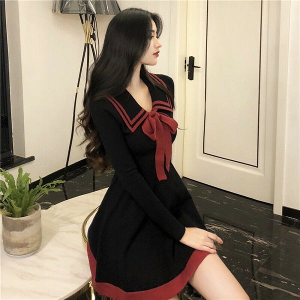 Attractive Beautiful Women Girls Lolita Bowknot Knitted Dress Jumper Basic Dress Sailor Dresses