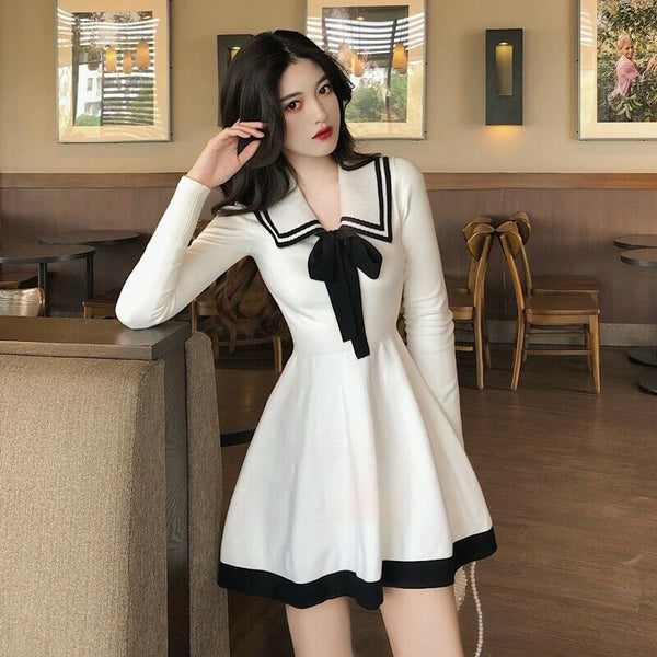 Attractive Beautiful Women Girls Lolita Bowknot Knitted Dress Jumper Basic Dress Sailor Dresses