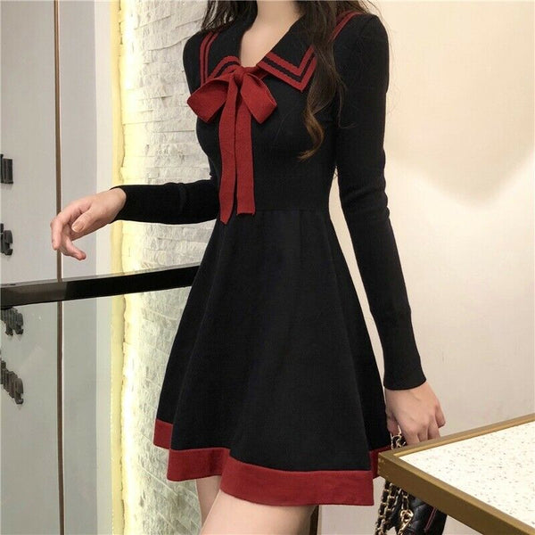Attractive Beautiful Women Girls Lolita Bowknot Knitted Dress Jumper Basic Dress Sailor Dresses