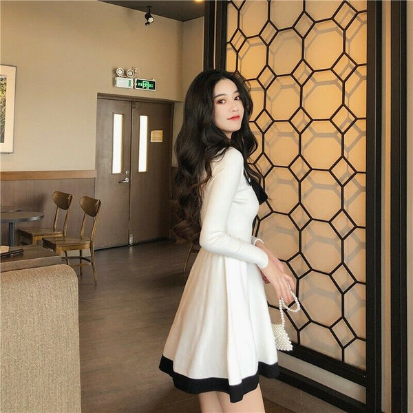 Attractive Beautiful Women Girls Lolita Bowknot Knitted Dress Jumper Basic Dress Sailor Dresses